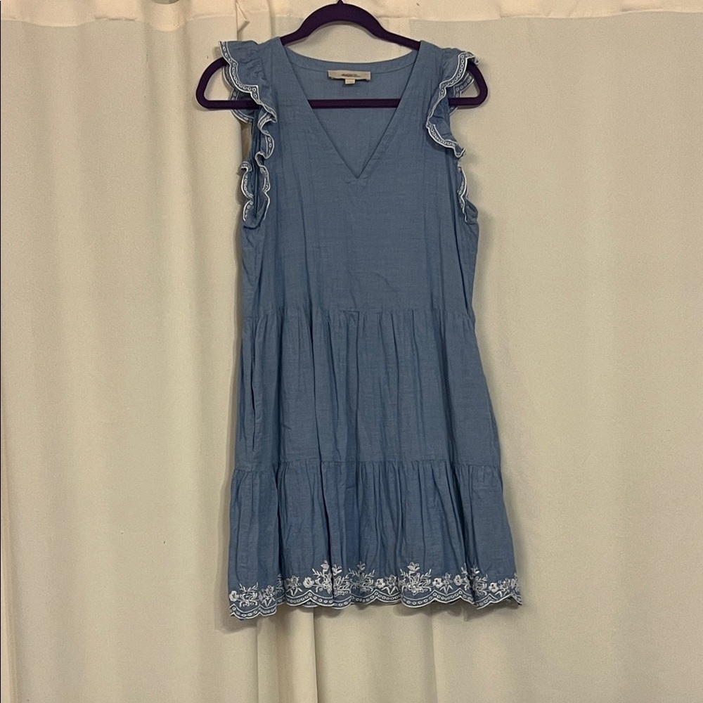 LOFT Chambray Ruffle Trim Mini Dress